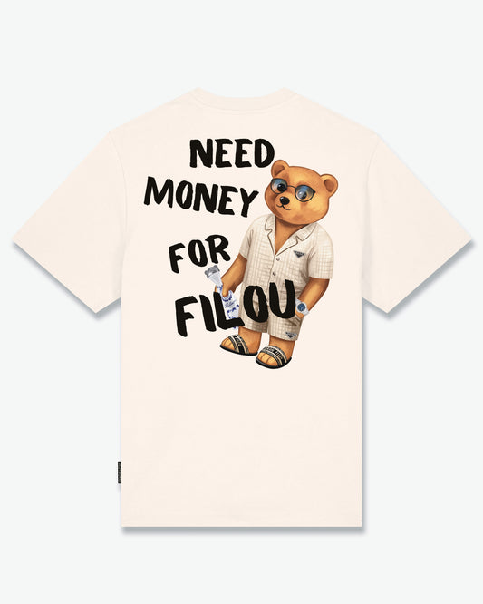 SS25 Oversized Backprint T-Shirt, Need Money - Pearl white