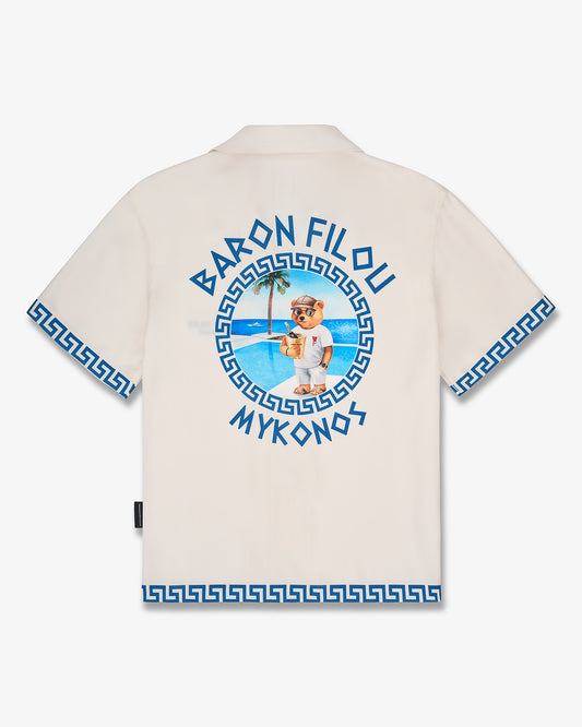 SS25 Backprint Shirt with Greek Pattern, Mykonos - Pearl white
